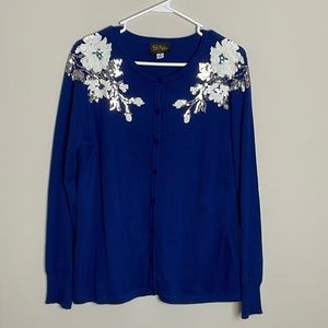 Bob Mackie Royal Blue button down Cardigan with shiny Sequins Flower Detail- M